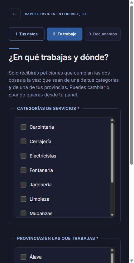 Segunda pantalla del alta: casillas para marcar los oficios y las provincias en las que trabajas.